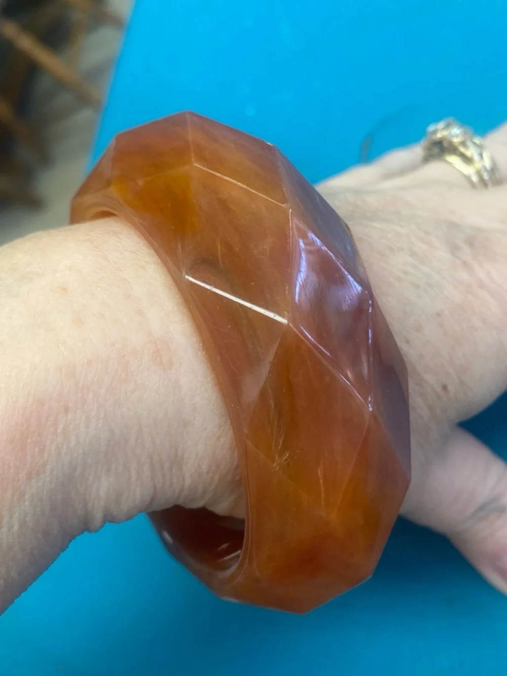 Vintage Bakelite Faceted Amber-Colored  Bangle Bracelet
